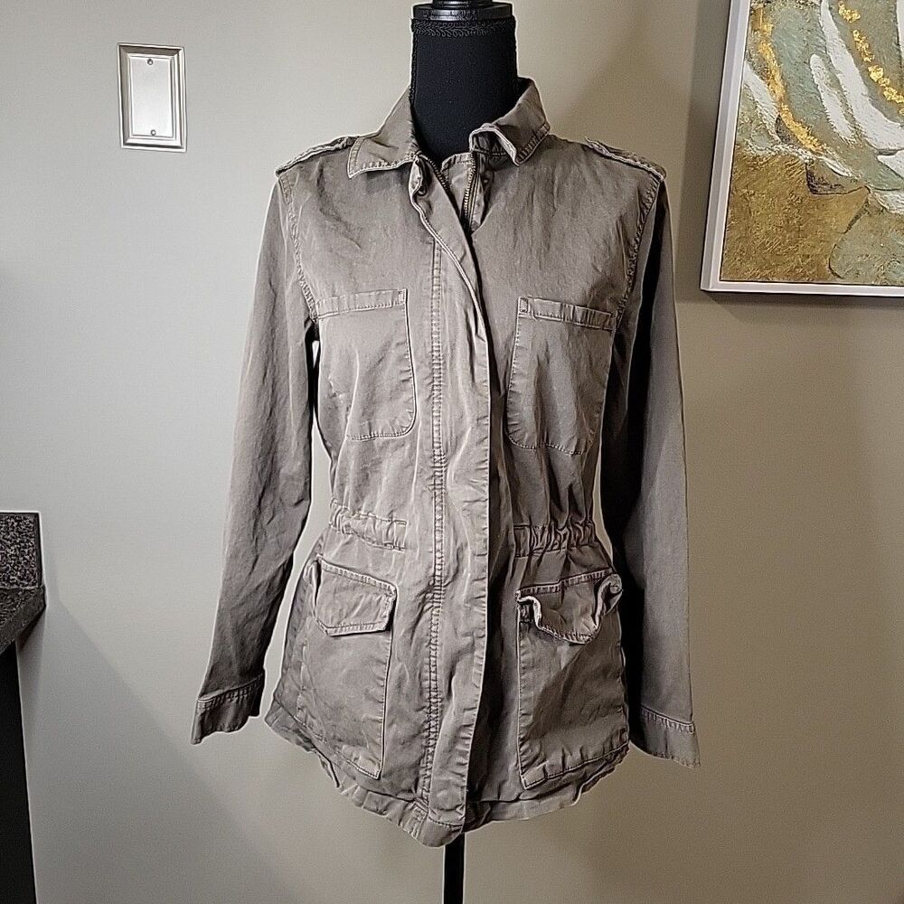 HINGE Utility Jacket Woman Size S‎ Army Olive Gray Button Front Drawstring Waist